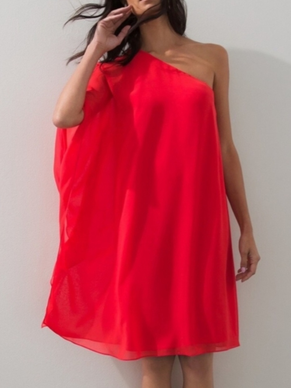 Chicos Women Sz 2 US 12/14 Flame Scarlet One Shoulder Chiffon Shift Dress NWT